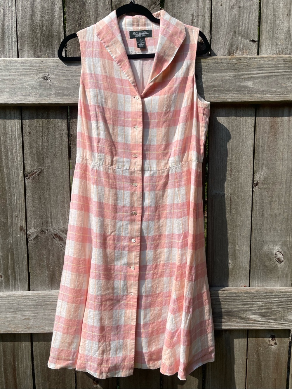Brooks Brothers 100% Linen Pink and White Plaid Sleeveless Midi Dress Sz 12